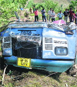 The bus which fell into a gorge at Bharari village, about 50 km from Solan, on Friday. 