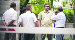 CBI officials outside Congress MP Naveen Jindals house in Delhi on Tuesday.
