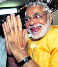 Gujarat CM Narendra Modi leaves after meeting LK Advani in New Delhi on Tuesday