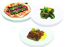 L to R All Veg Pizza, Fettuccine Pesto, Herb Crusted Basa
