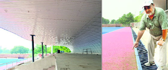 The canopy at the hockey stadium that leaks during monsoons; and (right) Niku Grewal, treasurer, District Hockey Association, shows the muddy AstroTurf at the Olympian Pirthipal Singh Standard Hockey Stadium, the PAU, Ludhiana.