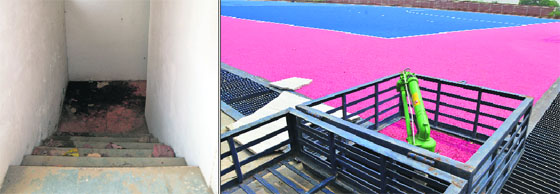 A washroom in a pathetic condition; and (right) the defunct water gun at the hockey stadium.