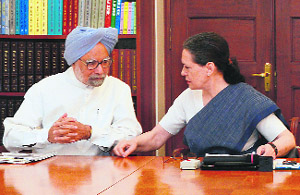Congress chief Sonia Gandhi with PM Manmohan Singh during the meeting of party CMs on food security in New Delhi. 