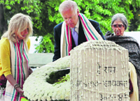 US Vice-President Joe Biden and his wife Jill pay homage to the Mahatma at Gandhi Smriti in New Delhi on Monday. Bapus granddaughter Tara Gandhi Bhattacharjee is also seen.  PTI