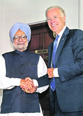 Prime Minister Manmohan Singh greets US Vice-President Joe Biden in New Delhi on Tuesday.