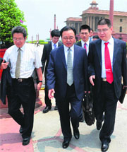 A Chinese delegation comes out of South Block in New Delhi on Tuesday.