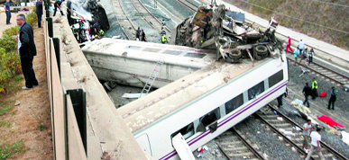 Mangled remains of the ill-fated high velocity train that came off the tracks near the pilgrimage centre of Santiago de Compostela in northwestern Spain.