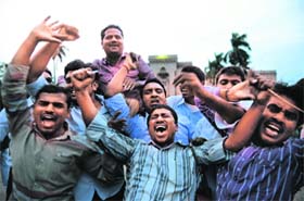Pro-Telangana students of Osmania University celebrate in Hyderabad on Tuesday