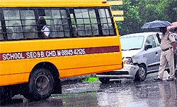 A school bus met with an accident on the Sector 15/16/10/11 roundabout in Chandigarh on Tuesday