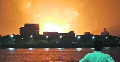 Navy submarine INS Sindhurakshak in flames in Mumbai late on Tuesday. 