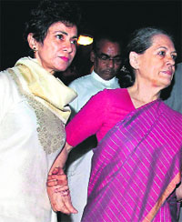 Congress chief Sonia Gandhi and Union Minister Kumari Selja leave Parliament for AIIMS on Monday.