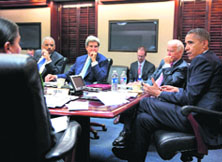 US President Barack Obama and his national security staff discuss Syria in the White Houses Situation Room.
