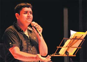 An artiste sings during a musical programme organised to commemorate the 25th birth anniversary of singer Ishmeet Singh in Ludhiana on Monday