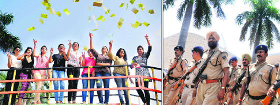 Girls campaign for a student organisation; and (right) police holds a flag march on the Panjab University campus on Tuesday.