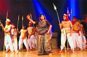Students of KB DAV School, along with a staff member, perform a play to mark Teacher's Day at Tagore Theatre in Chandigarh on Friday.