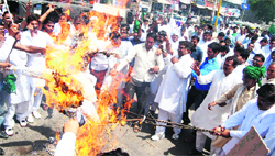 INLD leaders burn the effigy of CPS Ram Kishan Fauji over his alleged role in the scam.