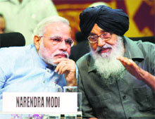 Gujarat CM Narendra Modi with his Punjab counterpart Parkash Singh Badal in Gandhinagar on Monday.