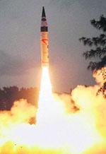 Agni-V lifts off from Wheeler Island off the Odisha coast on Sunday.