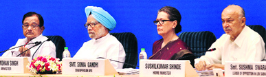 Finance Minister P Chidambaram, PM Manmohan Singh, UPA Chairperson Sonia Gandhi and Home Minister Sushilkumar Shinde at the National Integration Council meeting in New Delhi.