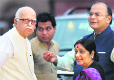 BJP leaders LK Advani (L), Arun Jaitley (R) and Sushma Swaraj at Rashtrapati Bhawan on Thursday.