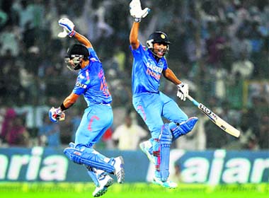 JAIPUR JIVE: Rohit Sharma and Virat Kohli exult after a scintillating win over Australia in the 2nd ODI in Jaipur on Wednesday