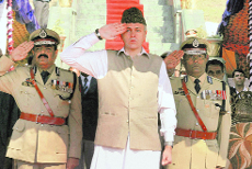 J-K CM Omar Abdullah at the Police Commemoration Day function near Srinagar on Monday.