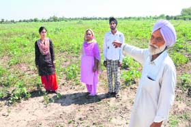 Sukhwinder Singh and his family members show their land lying untilled in absence of a tubewell connection inRava village in Kutch district