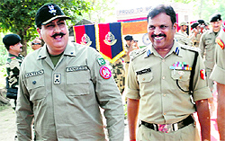 Brigadier Mateen of Pakistan Rangers with BSF DIG JC Singla during flag meeting in RS Pura on Tuesday