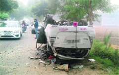 The vehicle that rammed into a tree on the Moga-Barnala road. A Tribune photo