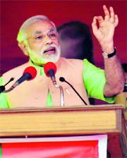 Gujarat CM and BJP PM candidate Narendra Modi addresses a rally in Bahraich on Friday.