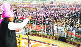 Chief Minister BS Hooda addresses a gathering during Shakti Rally at Gohana in Sonepat on Sunday
