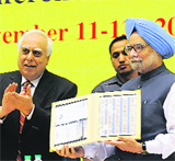 PM Manmohan Singh with Union Minister Kapil Sibal in New Delhi.