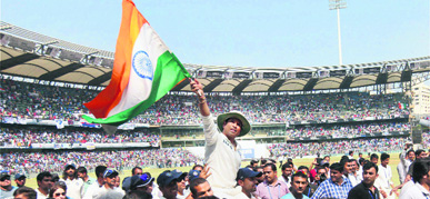 Sachin Tendulkar is given a farewell lap by his teammates in Mumbai on Saturday.