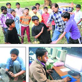 (Clockwise from top) Zulfiqar Khan, director of TheatreAge, with slum children; and Sambhu, now a peon at the office of the Punjab AG, who used to polish shoes earlier