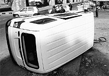 A van overturned after being hit by a speeding truck at Zirakpur on Wednesday. The driver of the van suffered injuries in the accident
