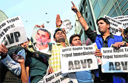 ABVP activists protest against Tehelka Editor-in-Chief Tarun Tejpal in New Delhi on Friday.