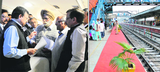 Railway pensioners submit a charter of demands to General Manager of the Northern Railways VK Gupta; and (right) a cleanliness drive under way on platform number 5 in Ludhiana.
