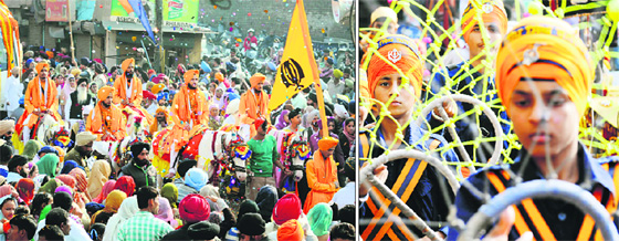 Devotees take out a procession ahead of the Martyrdom Day of Guru Tegh Bahadur; and (right) Nihangs perform gatka in Ludhiana.