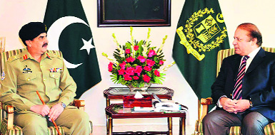 Lt Gen Raheel Sharif meets Prime Minister Nawaz Sharif in Islamabad. 