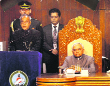 President Pranab Mukherjee addresses a special session of the Arunachal Pradesh Assembly near Itanagar on Friday.