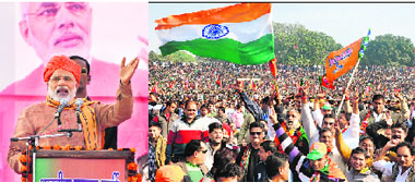BJP PM candidate Narendra Modi addresses a massive Lalkar Rally in Jammu on Sunday.
