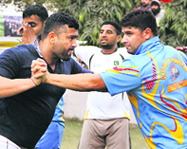 Pakistan captain Babar Gujjar (in blue T-shirt) with a teammate during a practice session in Jalandhar on Tuesday.