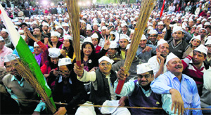 AAP supporters during the party's victory rally at Jantar Mantar in New Delhi on Wednesday. 