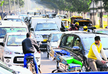 Vehicles caught in a traffic jam in Chandigarh on Sunday.