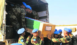 The remains of a slain Indian soldier being transported to Juba for a memorial ceremony on Friday.