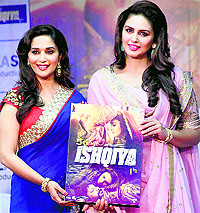 Bollywood actors Madhuri Dixit and Huma Qureshi during the music launch of Dedh Ishqiya