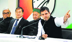 AICC vice-president Rahul Gandhi addresses a press conference along with Chief Ministers of Congress-ruled states at the AICC office in New Delhi on Friday.