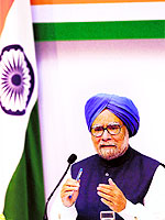 Prime Minister Manmohan Singh addresses a press conference in New Delhi on Friday