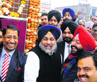 (From left) Punjab minister Anil Joshi, Deputy CM Sukhbir Badal and MLA Inderbir Bolaria share a lighter moment as Amritsar MP Navjot Sidhu looks on in the background during a function in Amritsar on Sunday.