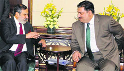 Commerce Minister Anand Sharma with his Pakistani counterpart Khurram Dastgir Khan in New Delhi on Saturday. PTI